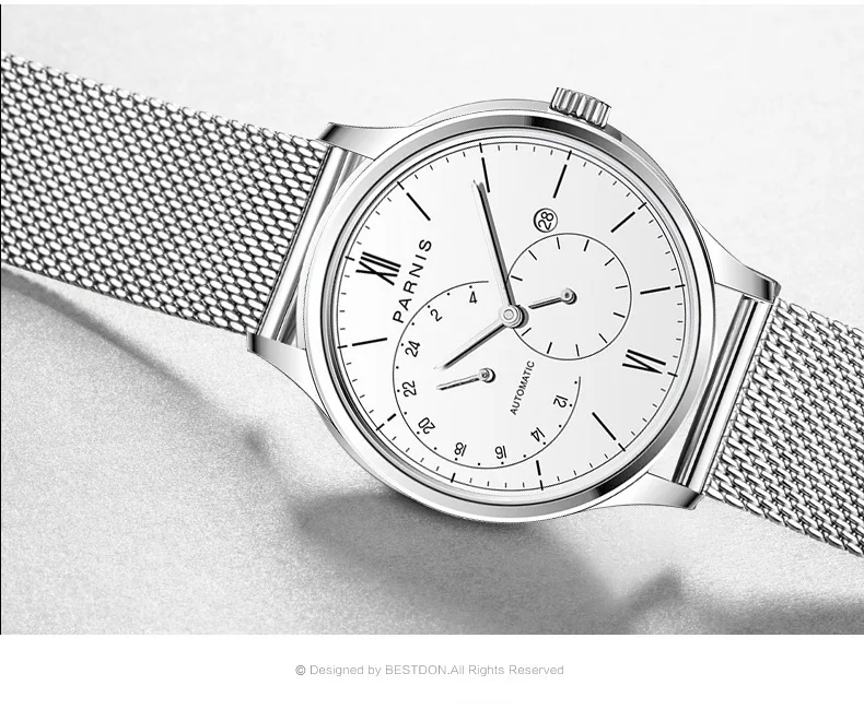 Мужские автоматические часы Parnis ультратонкие механические с сетчатым стальным