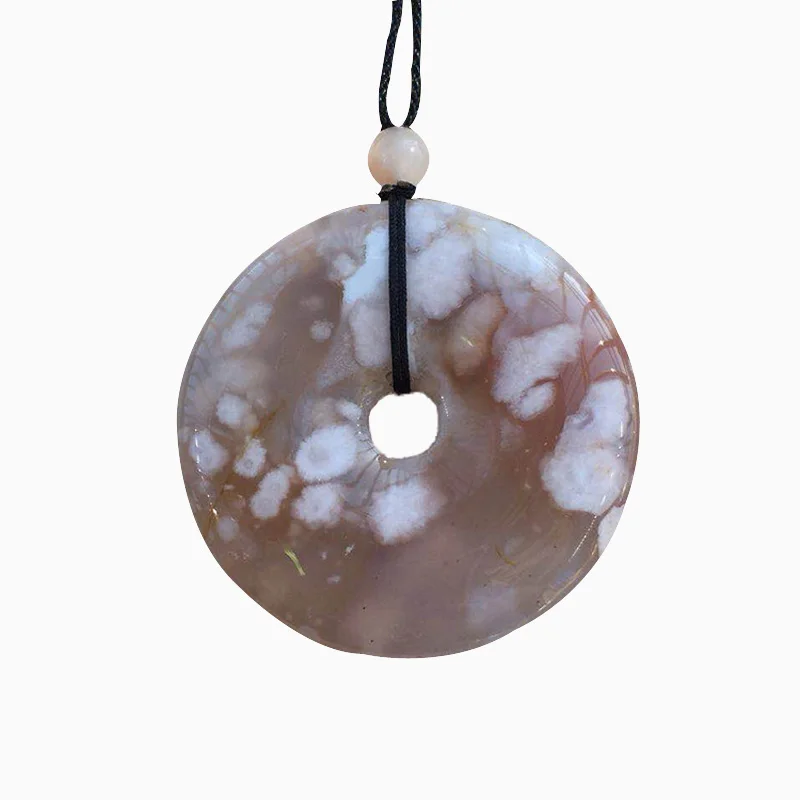 

Drop Shipping Natural Cherry Blossom Agate Safety Button Pendant Lovers Necklace For Women Men Fine Jewelry Gifts