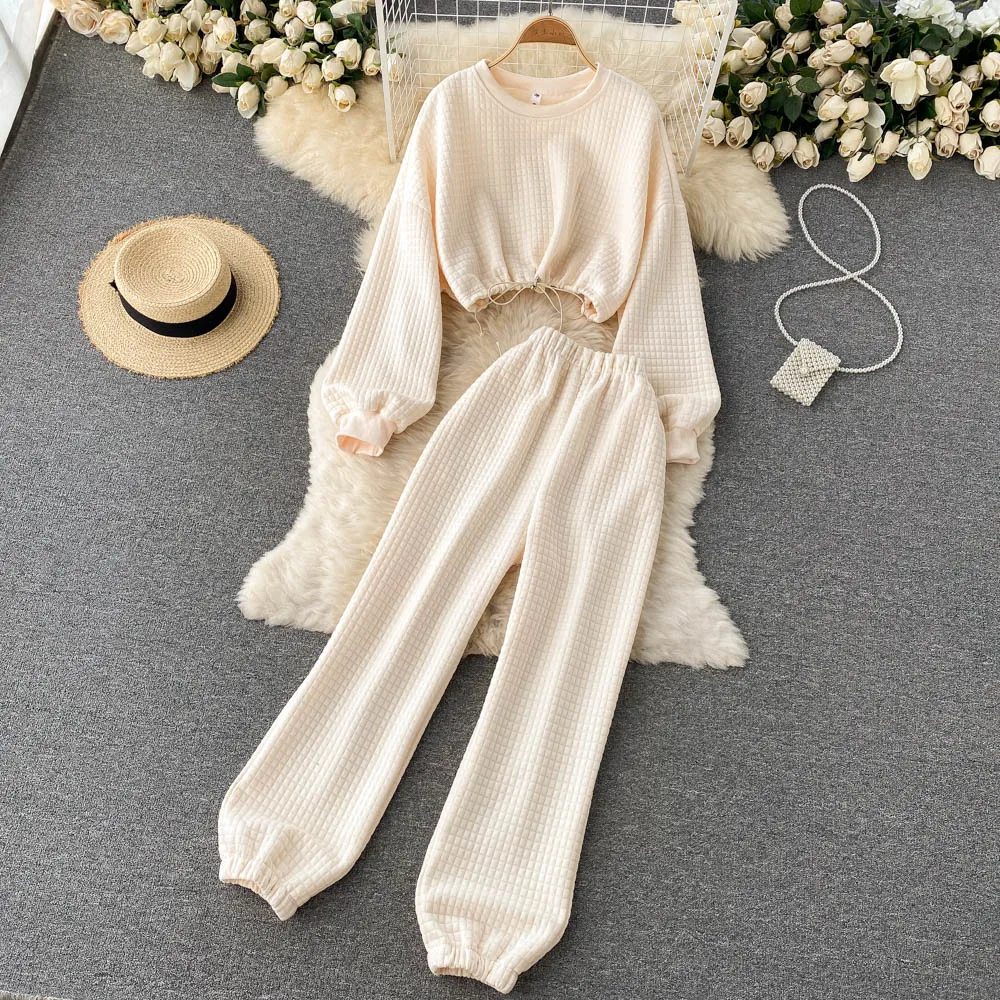 

Женский спортивный костюм Amolapha, однотонный Укороченный свитшот и штаны, Повседневный, Осенний