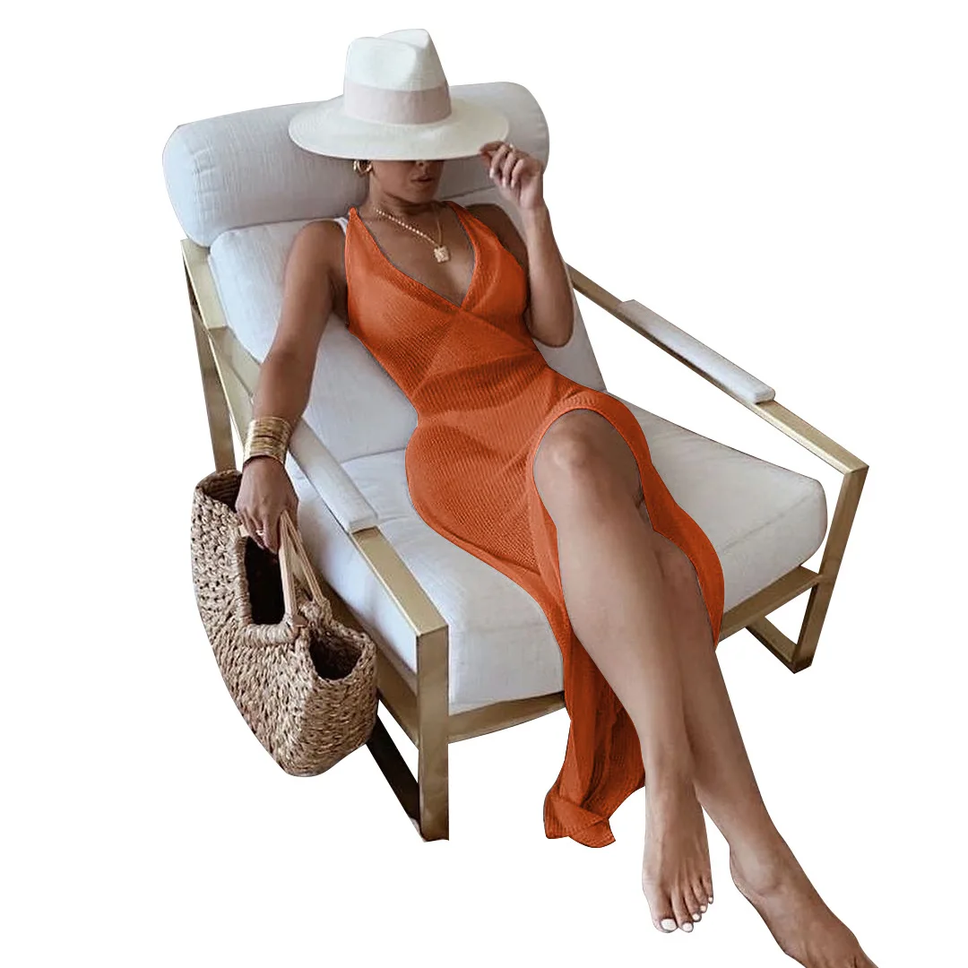 

Bikini Cover Up Bathing Suit Women Fashion Beach 2021 Bathroom Outlet Summer Neck Backless Knit Skirt Condole Dress Lace