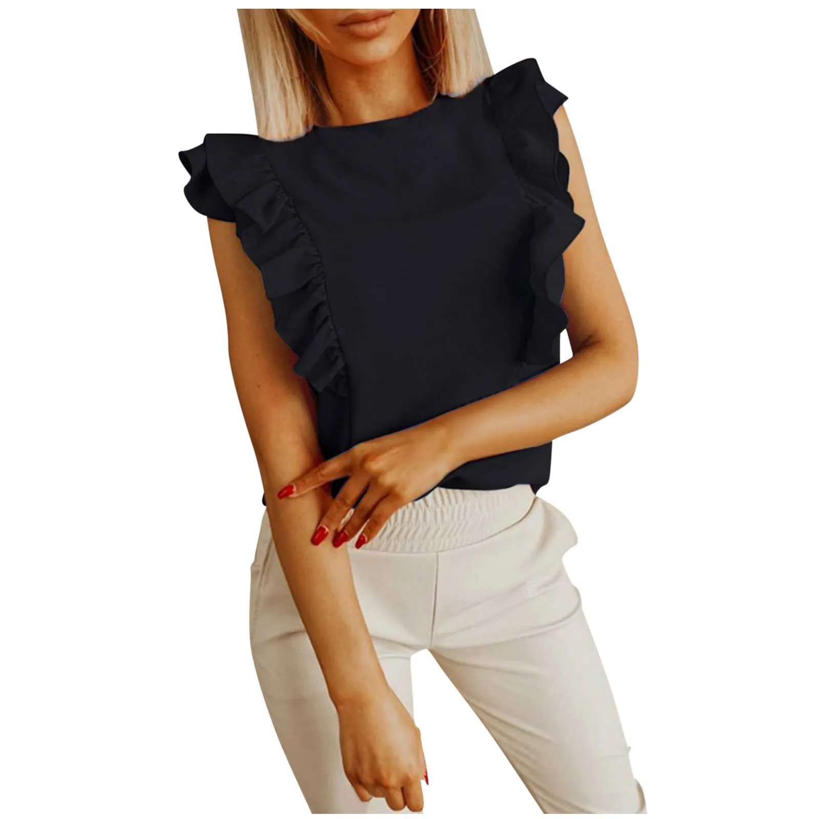 

Tank Casual Blouse Tops Summer Sleeveless Racerback Women's Loose O-Neck Ruffle Women's Blouse Fashion