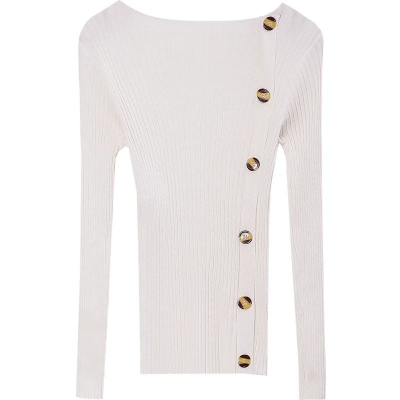 

2020 Autumn New Korean Style Slim Fit Slim-Looking Long-Sleeved Base Shirt Knitwear Women's Fashion Casual round Neck Button
