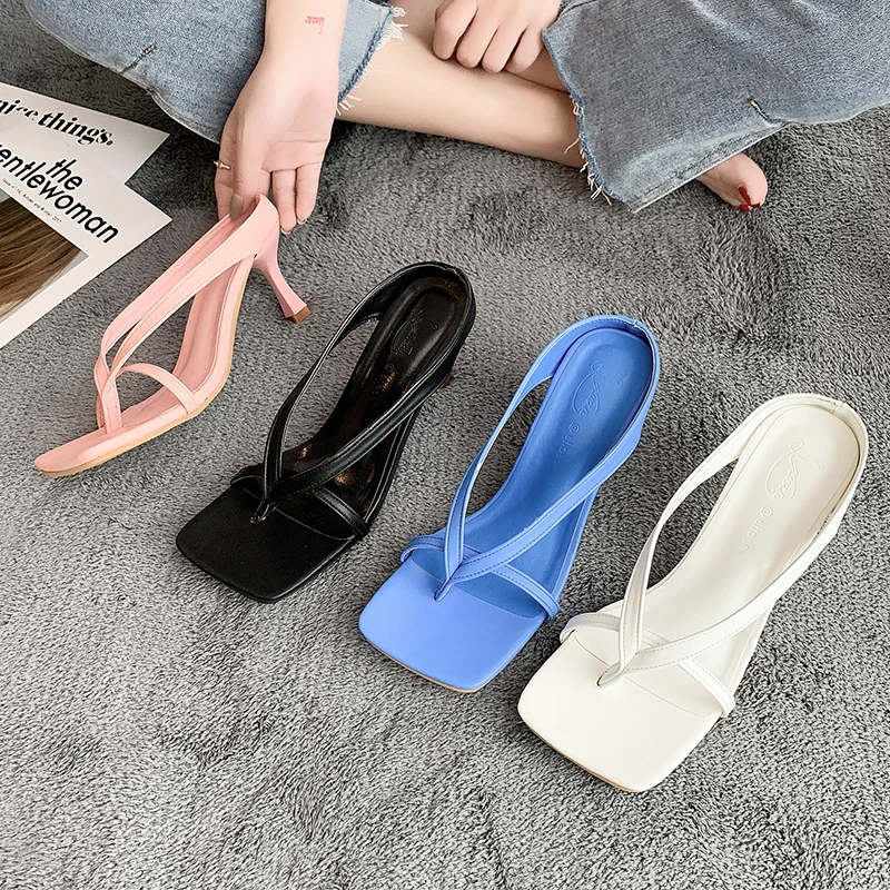 

Summer Fashion Women Shoes 2021Thong Square Heels PU Slippers Shallow Leisure Concise Solid Neutral Zapatos De Mujer