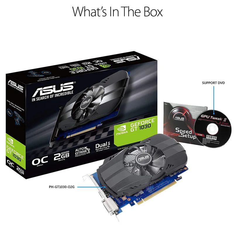 Видеокарта Asus PH-GT1030-O2G GeForce GT 1030 2 Гб Phoenix Fan OC Edition HDMI-совместимая видеокарта DVI |