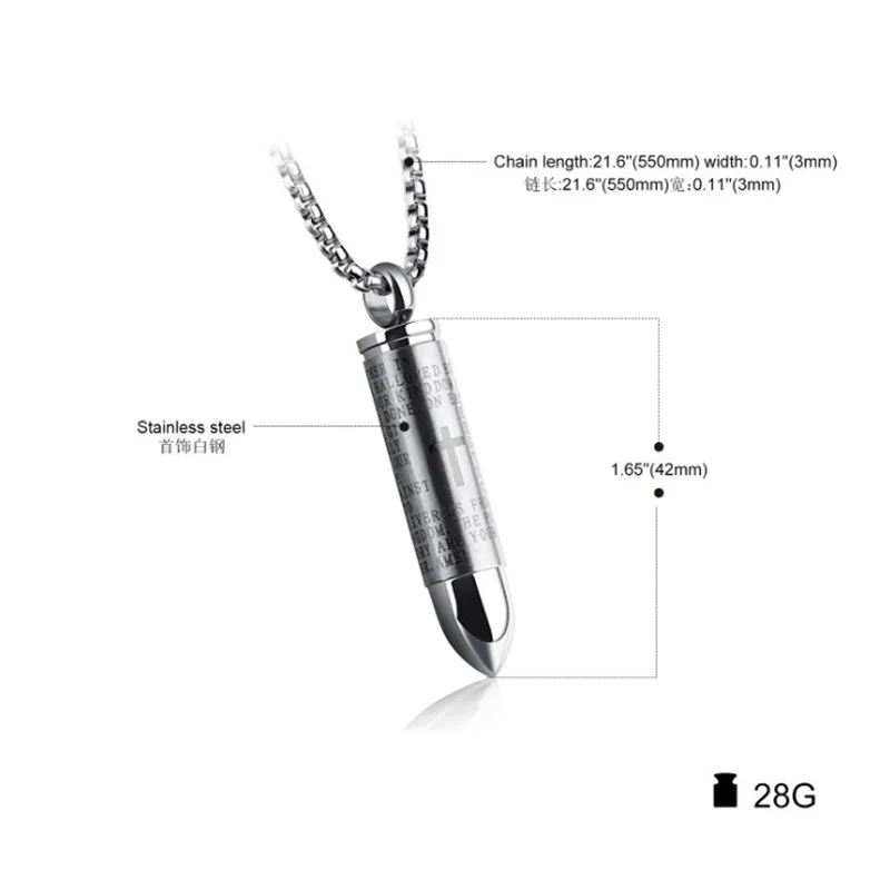 

2020 Original Men English Lord Prayer Bible Stainless Steel Cross Bullet Pendant Chain Necklace The letter English Spanish