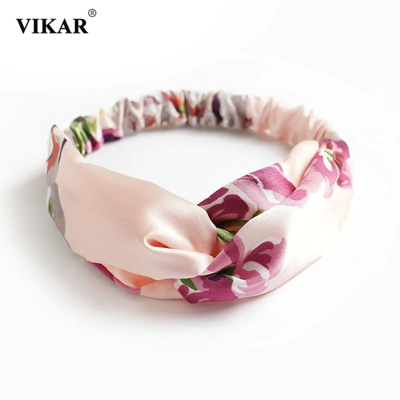 VIKAR Women Satin Geranium Print Headband Hair Accessories Elastic Band Bandanas Hairbands Headwrap Sweet Knotted Headwear |