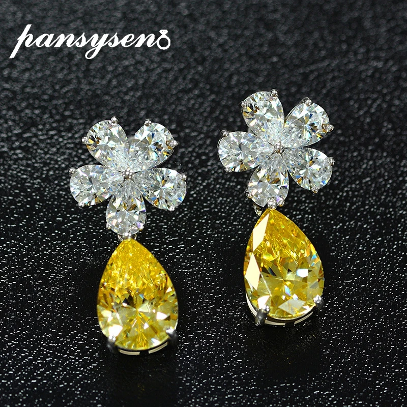

PANSYSEN 100% 925 Sterling Silver Flower Pear Cut Created Moissanite Citrine Gemstone Dangle Drop Earrings Female Wedding Gifts