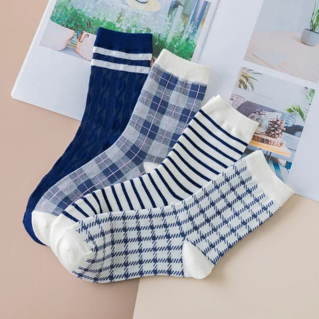 

2020 Japanese men's and women's thousand bird check socks British style versatile blue striped Plaid socks