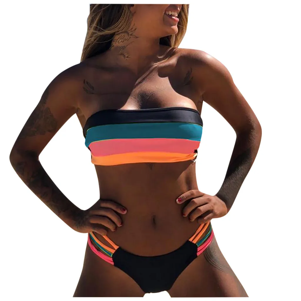 

CHAMSGEND Women Swimwear Colored Stripes Bikini Set Push-up Padded Bra Bathing Beachwear bikini 2020 bathing suit women