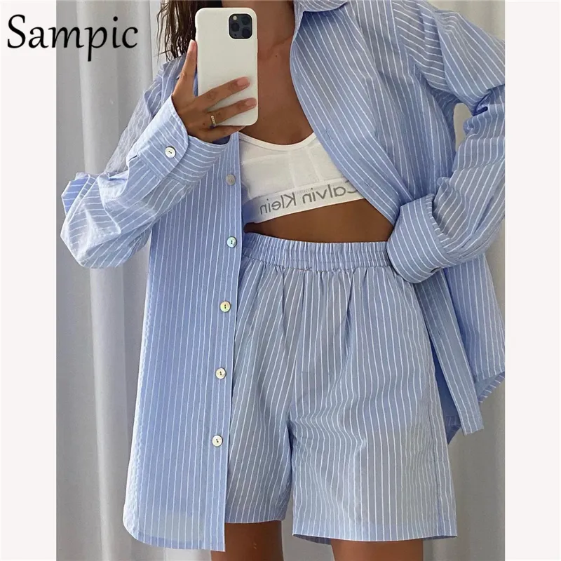 Sampic Loung Wear Tracksuit Women Shorts Set Stripe Long Sleeve Shirt Tops And Waist Loose High Mini Shorts Two Piece Sets 2021