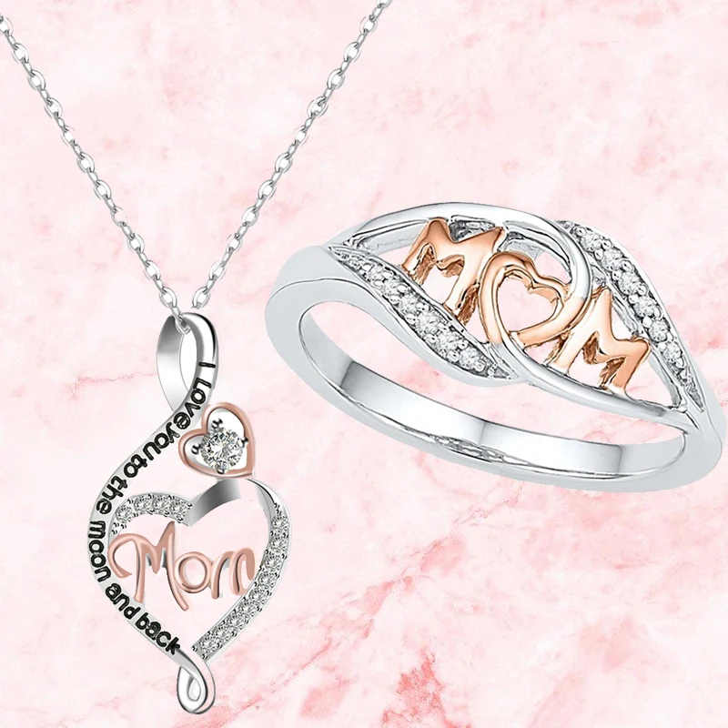 

Classic Heart Crystal Letter MOM Rings Necklace Jewelry Sets for Rose Gold Mom Rings Love Mother Gift Christmas Accessories