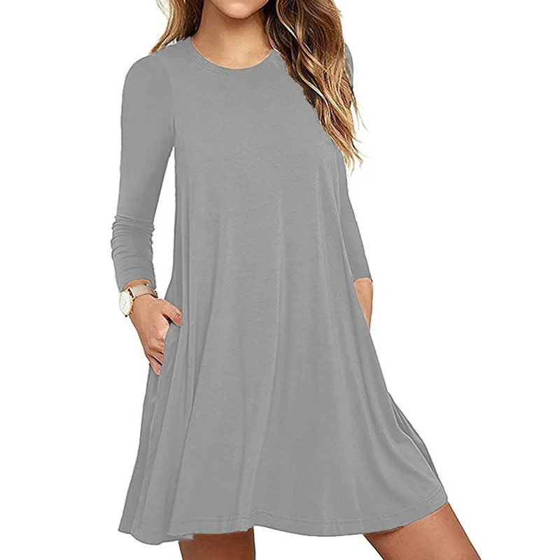 

Casual Dress Herfst Vrouwen Korte Effen Kleur A-lijn Jurken Dames Lange Mouwen Mini Crew Neck Eenvoudige Losse Lente Jurk