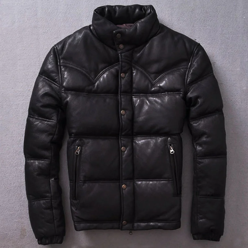 

Куртка мужская из 2019 натуральной кожи, приталенный пуховик с воротником-стойкой, короткая из овечьей шкуры, цвет желтый/черный, зима