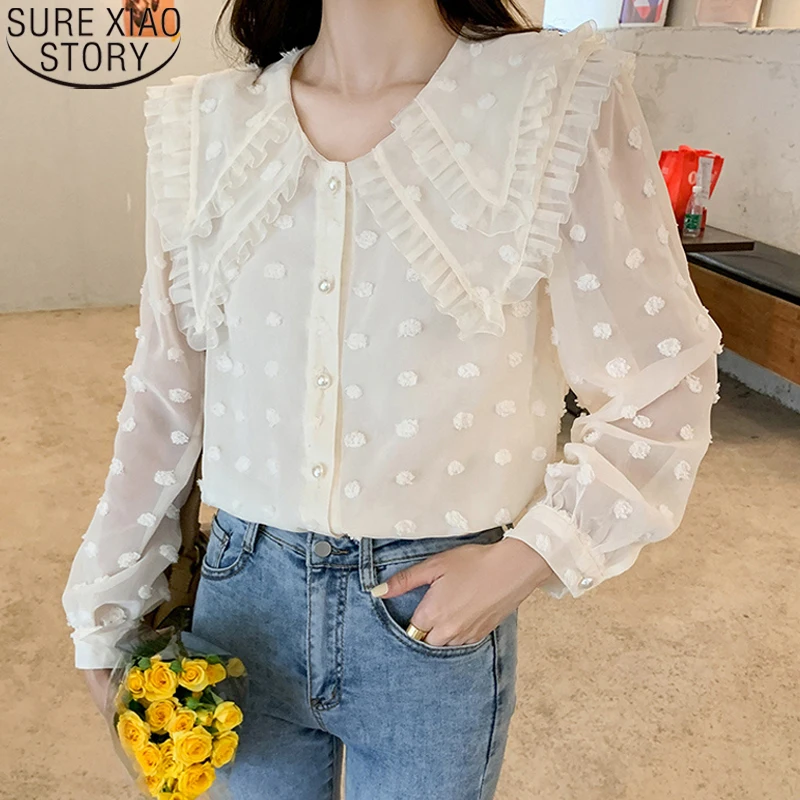 

2022 French Long Sleeve Shirt Autumn Sweet Dot Chiffon Blouse Elegant Hollow Chic Top Peter Pan Collar Clothes Blusa Mujer 17010