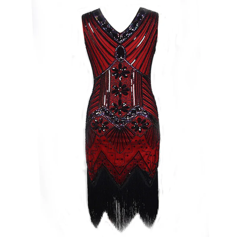 Red Dress Винтажное женское платье 1920s Gastby со сплошным расшитым блестками Сетчатое платье в стиле модерн украшенное бахромой платье размера плюс черный/зеленый/белый/золотой - Цвет: Red Dress