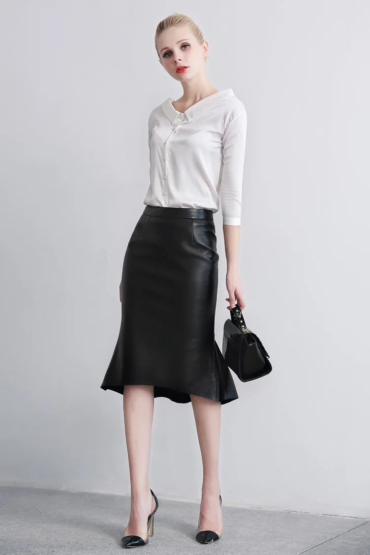 

Skirt Genuine Leather Women Real Sheepskin Elegant Ladies Black Trumpet Skirt Office Work High Waist Midi Skirt Female Plus Size