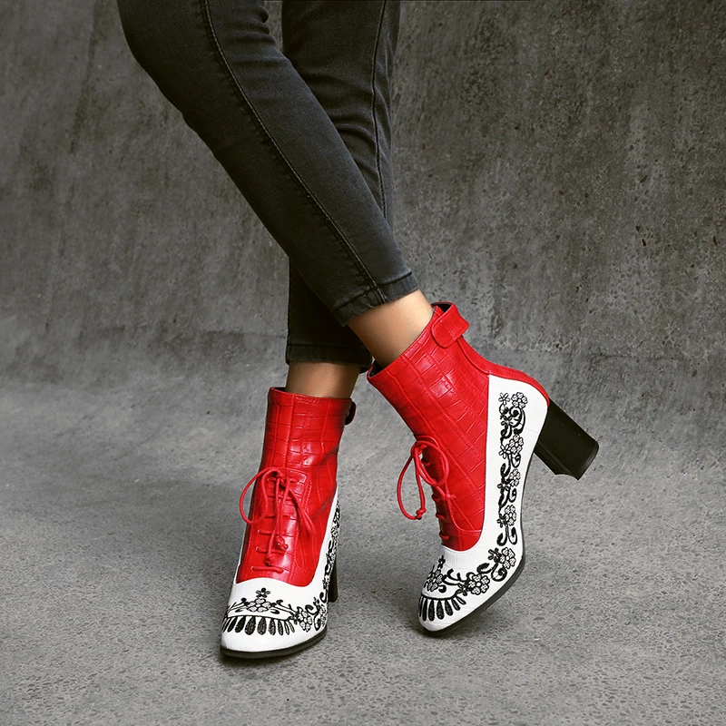 Retro Printed Booties Leather Women Ankle Boots Embroidery High Heels Casual Woman Shoe Zipper Vintage Female Footwear Boot 37