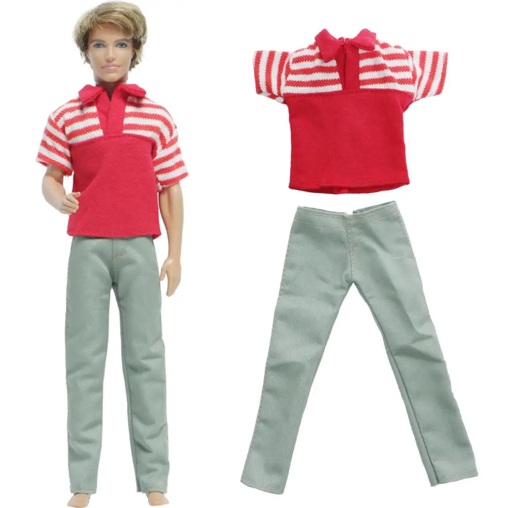 Набор мужской наряд Красная рубашка в полоску короткий рукав серые брюки одежда для куклы Барби Кен аксессуары детская игрушка.