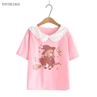 sweet cartoon print pink short sleeved cotton harajuku t shirt women 2021 summer new doll collar loose basic tops tees 2117741