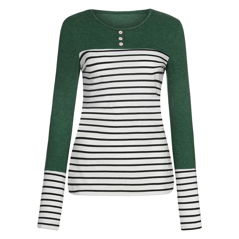 

Autumn Buttons Womens T-Shirt Striped Patchwork Long Sleeve O-Neck Slim Clothes Shirts Casual Female Top Tees