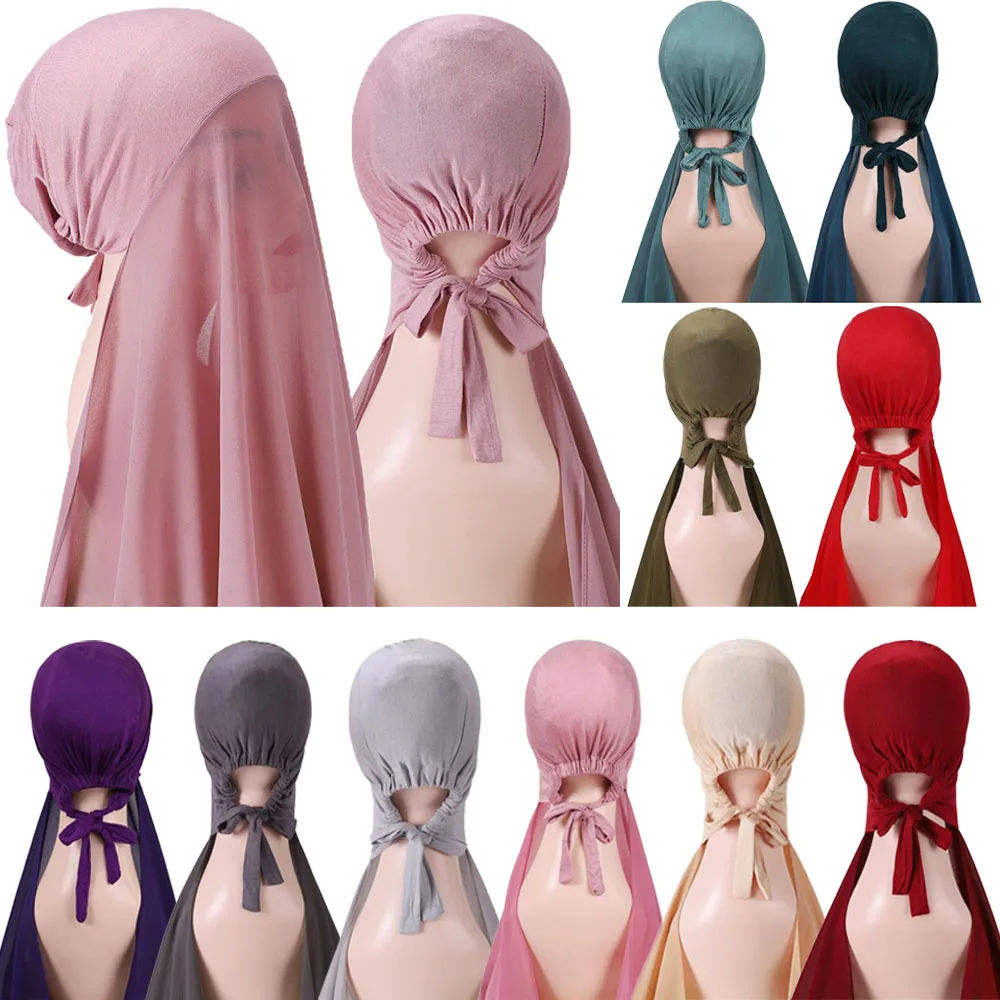

Muslim Women Bonnet + Chiffon Shawl Head Scarf Underscarf Cap Islamic Inner Scarf Headband Stretch Hijab Cover Headwrap Turbante