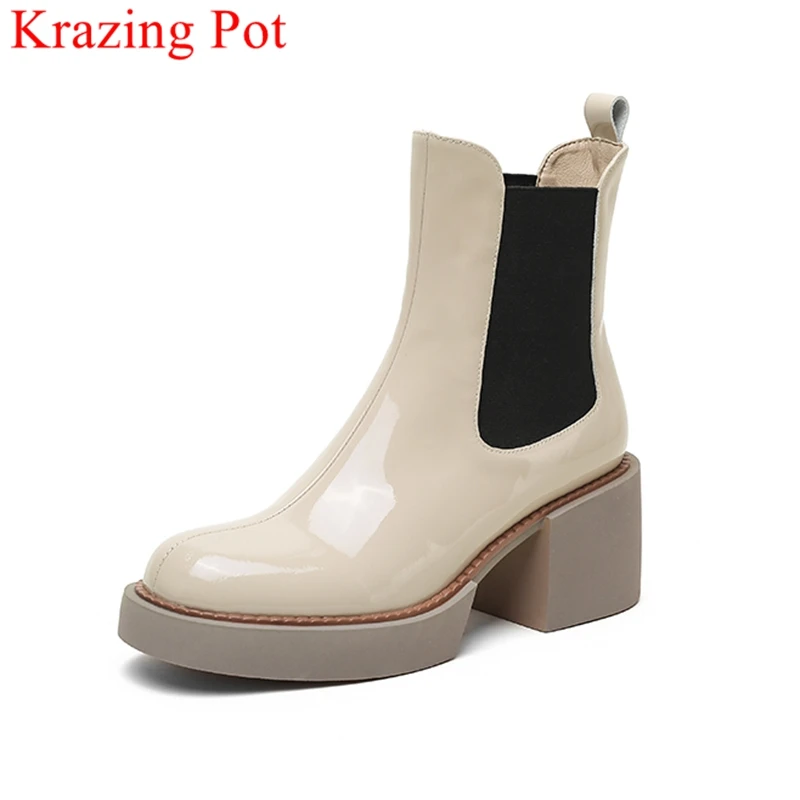 

Krazing Pot 2022 genuine leather high heels Chelsea boots slip on round toe brand elegant platform warm winter shoes ankle boots