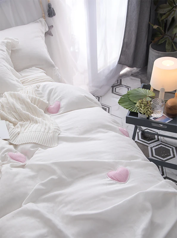 

White Pink Grey 100%Cotton Soft Bed Sheet linen Pillowcase Duvet Cover Set Cute Bedding Set Queen King size Girls Bed set