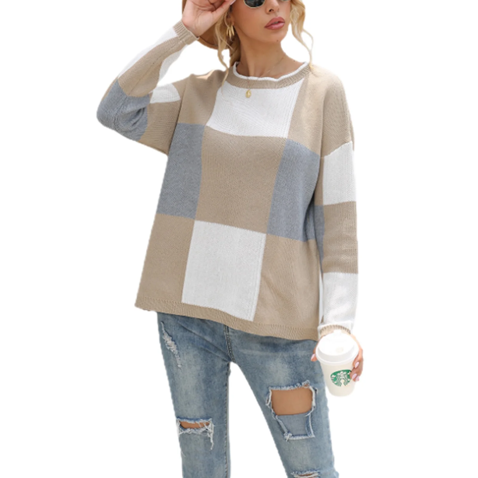 

Women Sweater tops Color Block Plaid Pullover Sweater Round Neck Long Sleeve Fall Winter Knitwear Sweaters casual charm style