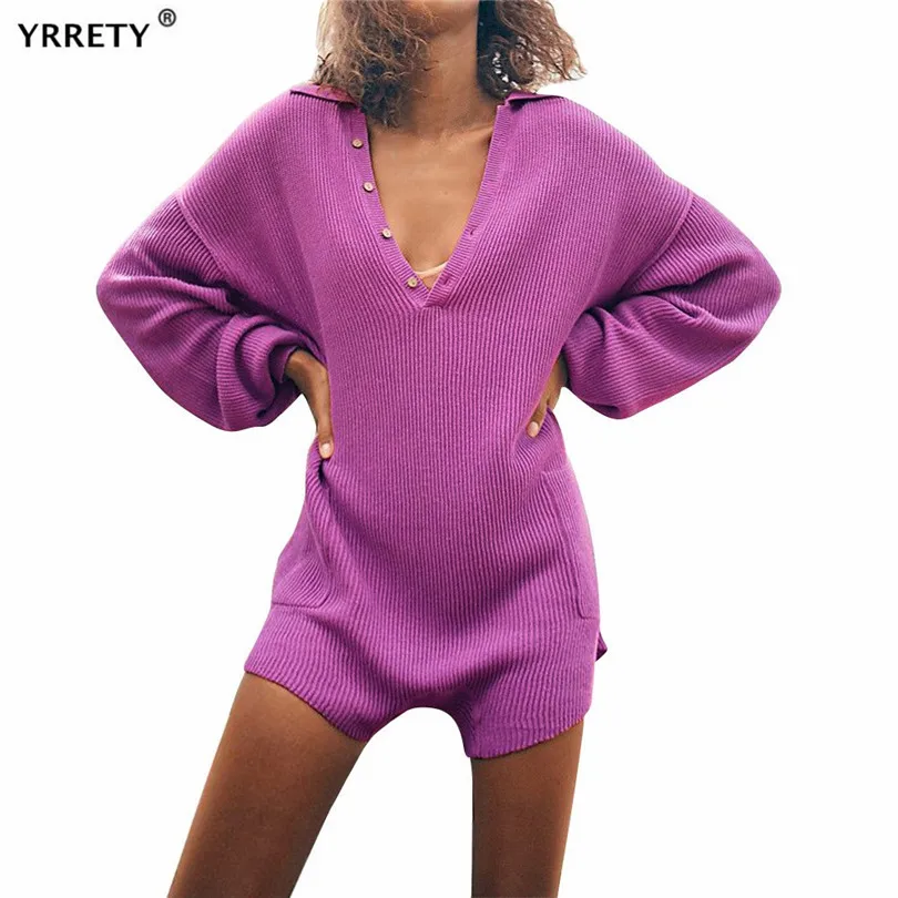 

YRRETY Sexy V Neck Knitted Bodysuit Women Long Sleeve Buttons Pocket Rompers Jumpsuit Casual One-Pieces Clothing Dropshipping