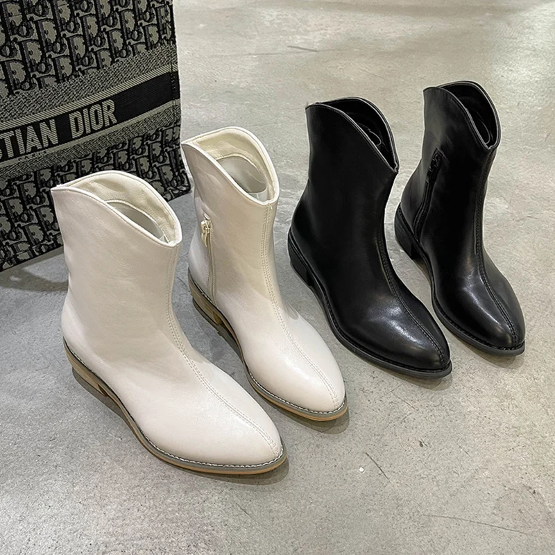 

Women 2021 Ankle Short Boots Fashion Pointed Toe 4CM Heels Shoes Female British Style Zipper Ladies Spring Autumn Modern Boots