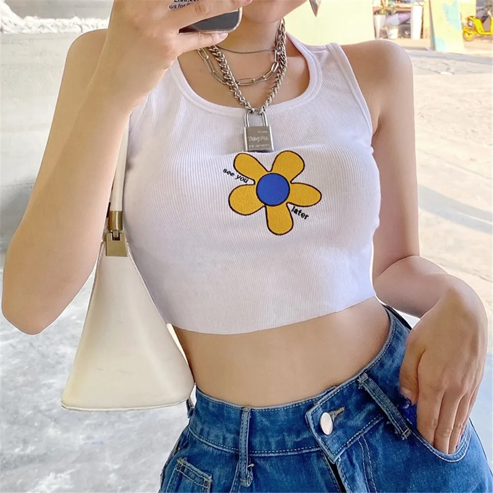 

Summer Ribbed Slim Fit Crop Top Women Sunflower Letters Embroidery Tanks Basic Sleeveless White Tees 2021 New