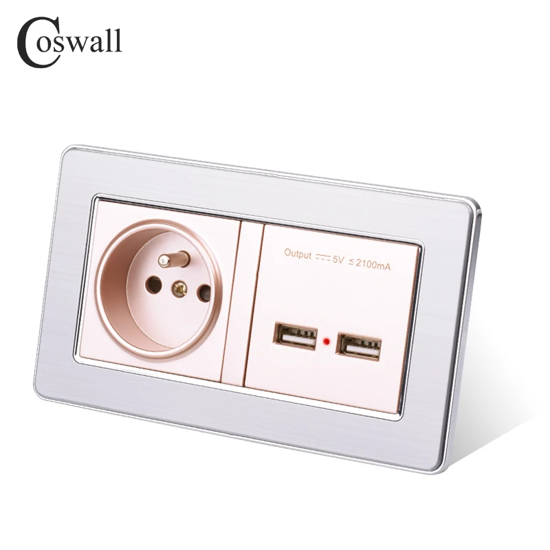 COSWALL настенная розетка, французский стандарт, розетка с двумя USB, умный индукционный порт зарядки, 5 В, 2.1A выход, панель из нержавеющей стали