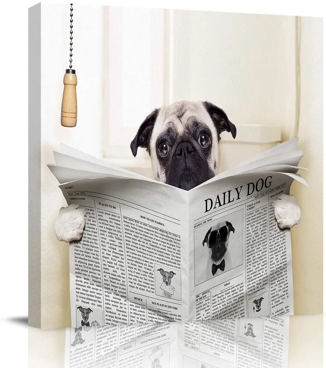 

Square oil painting wall art on canvas for wall decoration, bedroom bathroom living room pug reading newspaper animal print