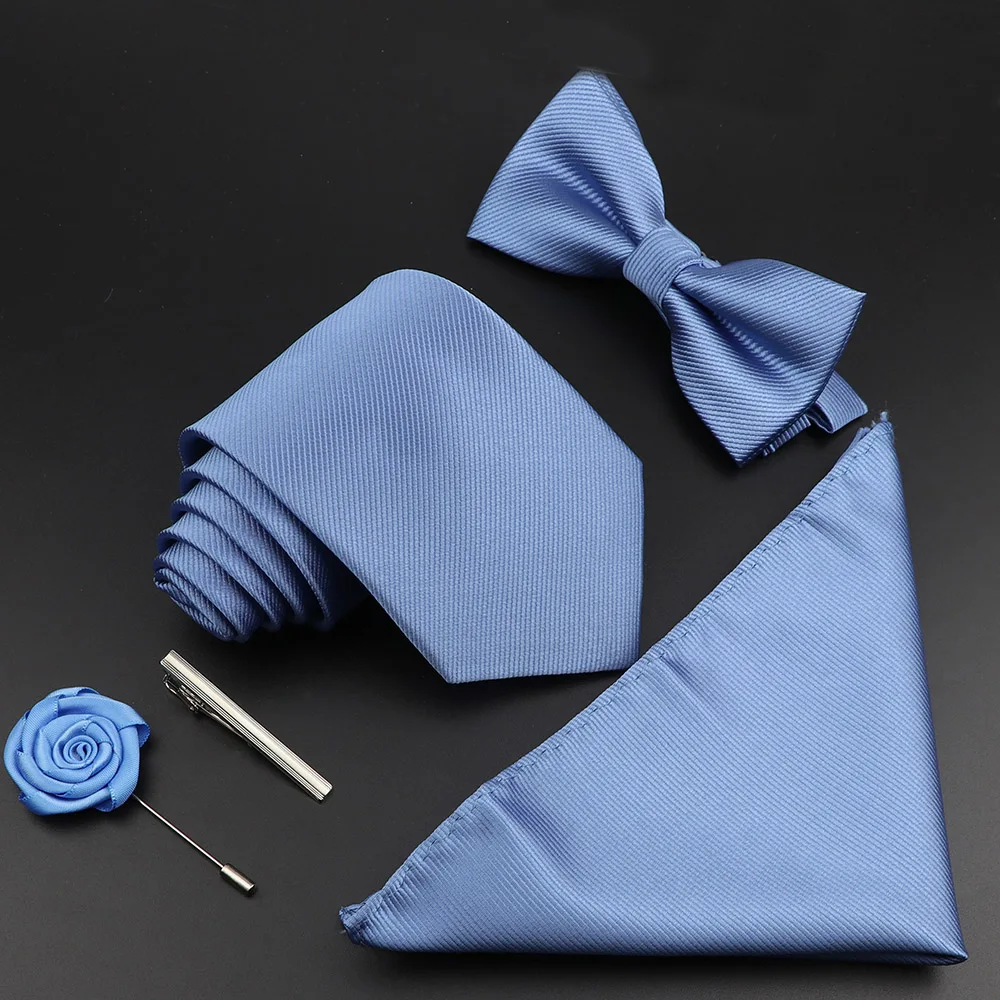 

New Solid Color Silk Men Tie Set Polyester Jacquard Woven Necktie Bowtie Suit Vintage Red Blue For Groom Business Wedding Party