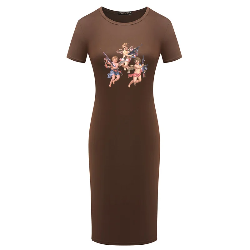 

2021 Fashion Women Dress Summer Short Sleeve Kawaii Angel Print Bodycon Pencil Dresses Vintage Robes Vestido Sexy Elegant Party