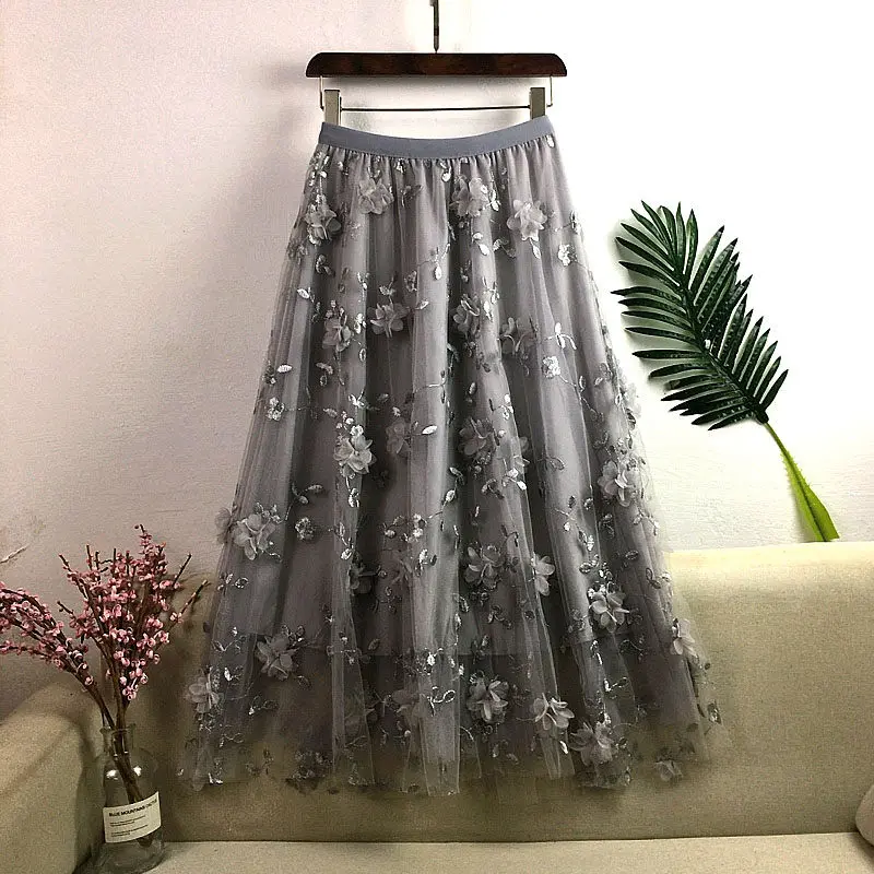 

Pretty Three-Dimensional Flower Embroidery Mesh Skirt Mid-Length 2021 Spring And Autumn High Waist Korean Chic Tulle Skirt y1356