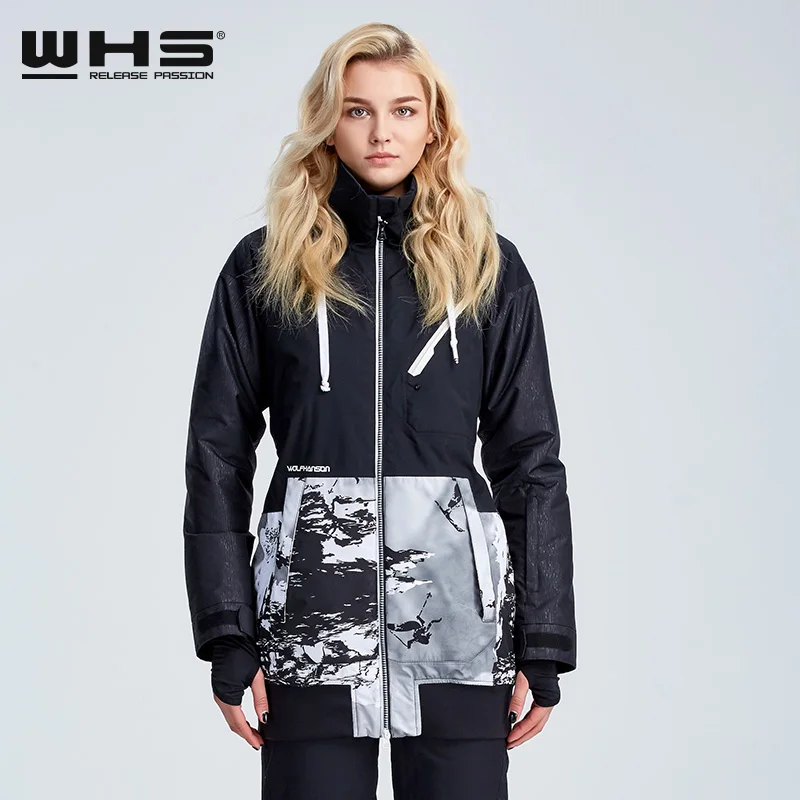 WHS Мужская и женская пара Лыжная куртка зимняя уличная зимняя хлопковая Спортивная одежда Женская теплая верхняя одежда водонепроницаемая и ветрозащитная куртка - Цвет: woman black