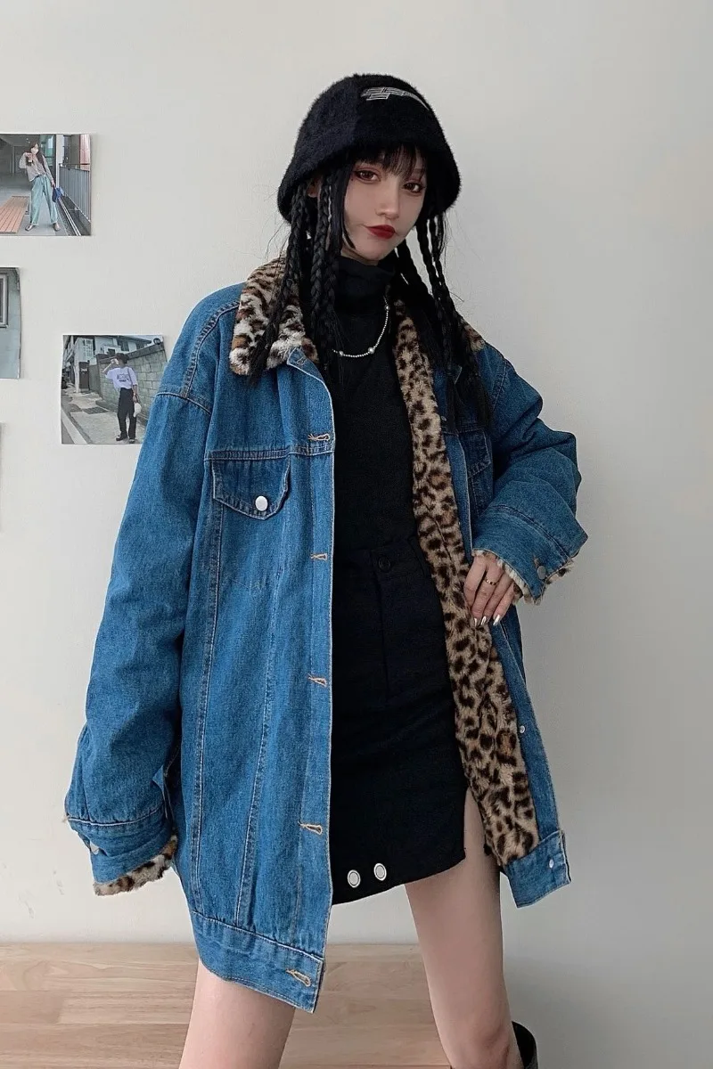 

Denim Coat Women's 2020 Winter New Thickened BF Medium Length Leopard Denim Wear Loose Cotton Padded Clothes On Both Sides