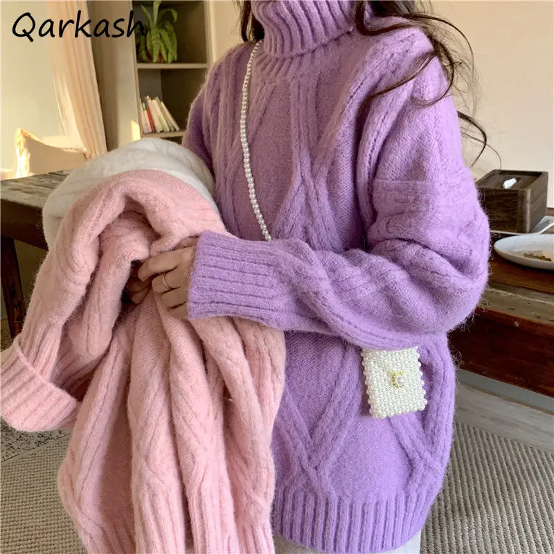 

Pullovers Women Winter Lovely Cozy Thicker Warm Basic Knitwear Fashion Retro Turtleneck Sweater All-match Preppy Mujer Clothes