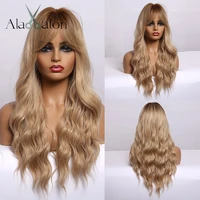 alan eaton long wavy wigs for black women african american synthetic hair wig with bangs ombre brown golden honey heat resistant
