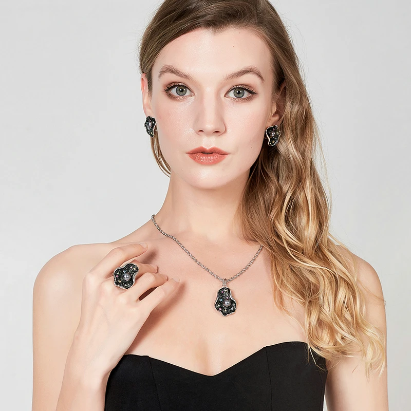 Mytys блестящее кольцо с природными зелеными листьями красочные кристаллы и Черная