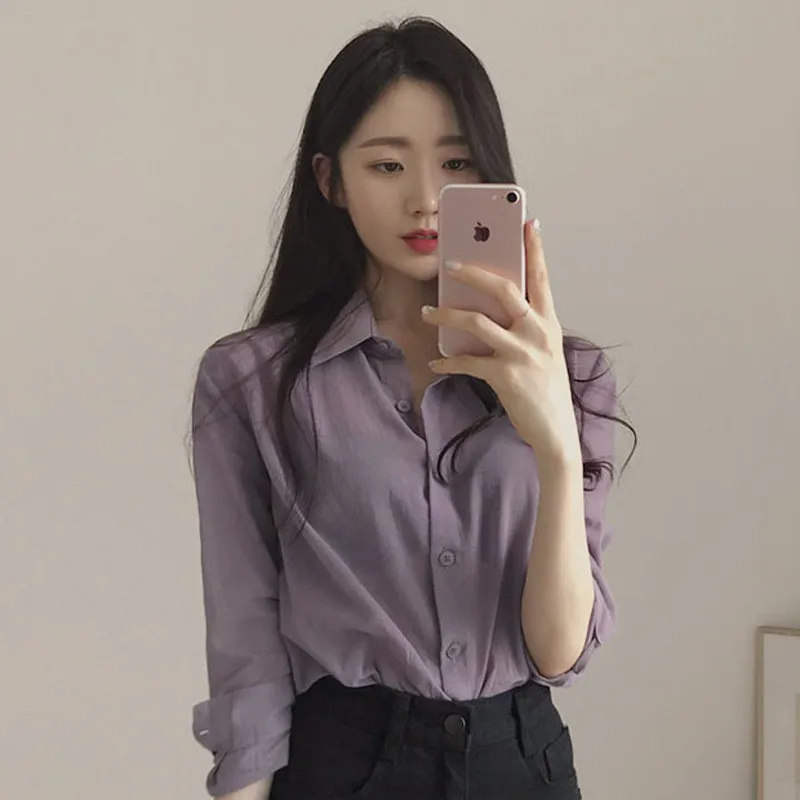 

New Spring and Autumn Gentle Purple Casual Shirt Women Long-sleeved Wild Loose Bottoming Shirts Plus Size Femlae Top NS1952