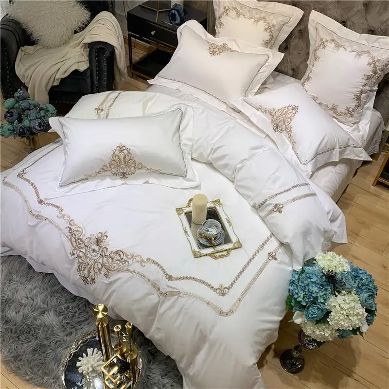 J2 1000TC Египетский хлопок бежевый Вышивка Постельное белье комплект с