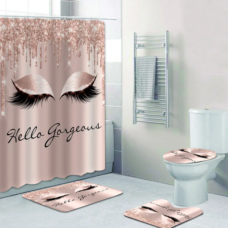 

Girly Rose Gold Eyelash Makeup Shower Curtain Bath Curtain Set Spark Rose Drip Bathroom Curtain Eye Lash Beauty Salon Home Decor