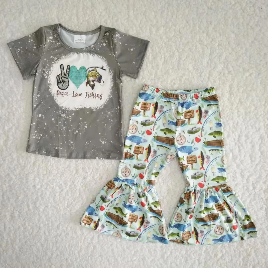 

Baby girls Peace Love Fishing Outfits Short Sleeves Shirt Bell Bottom Print Pants Kids Clothing Sets Children Boutique Wholesale