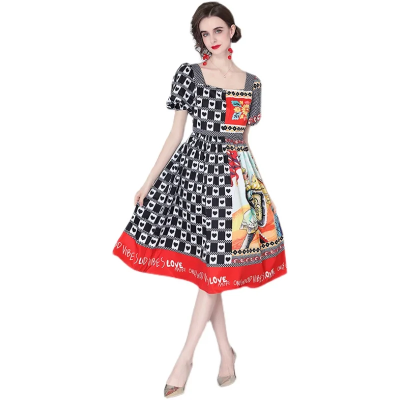 

Bohemian Gothic Clothes Fashion Print Square Neck Short Sleeve Knee Length Dresses for Women 2021 Summer