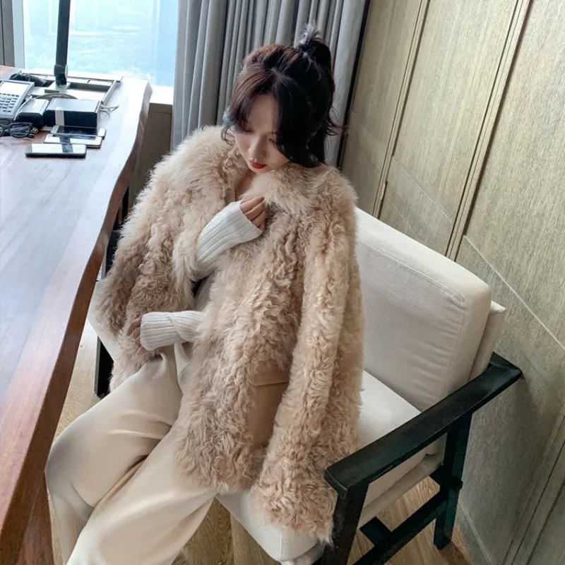 

Elegant Ladies Luxury Real Fur Jacket Women Short Curly Natural Wool Coat Natural Shearling Spliced Sheepskin Leather Jackets