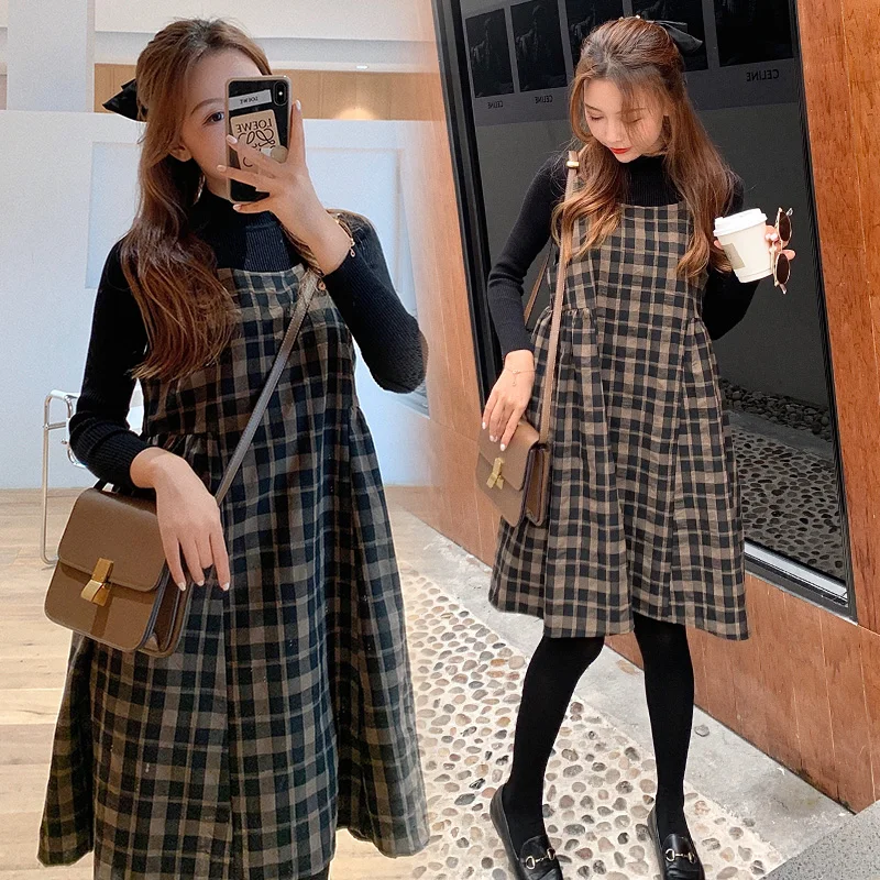 

6613# Autumn Korean Fashion Maternity Dress Suits Elegant Hot Clothes for Pregnant Women Winter Pregnancy Plaid Vest Dress Shirt
