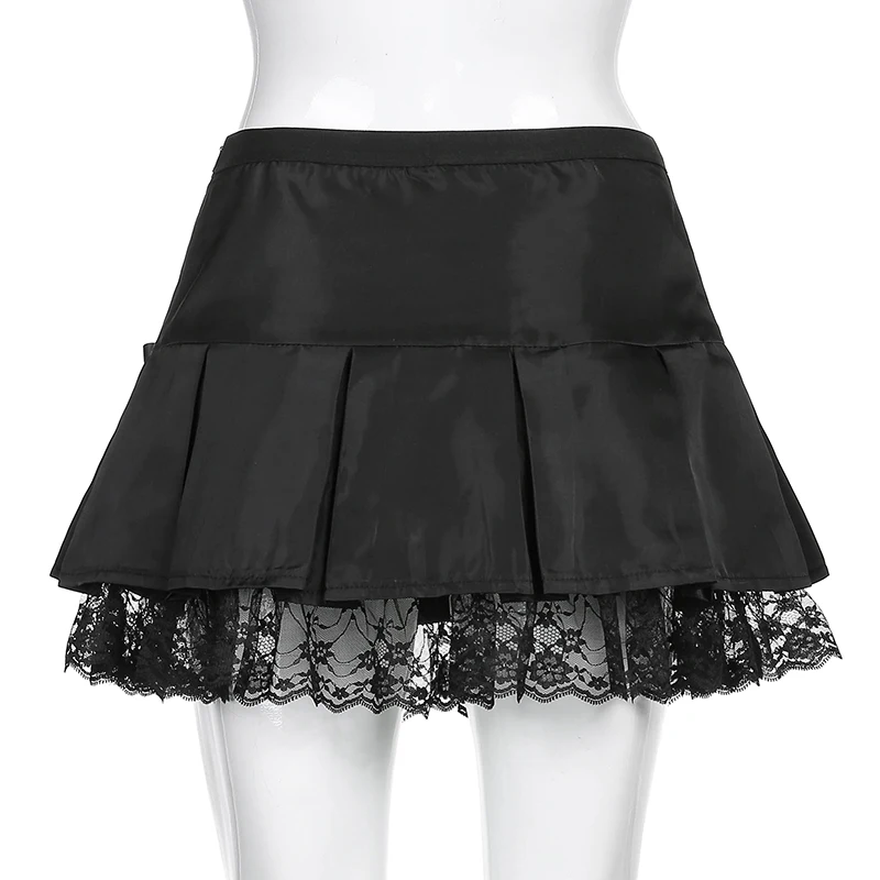 

2021 New Retro Black Goth Pleated Skirts Women Lace Trim Low Waist E Girl Mini Skirt Punk Dark Academia Y2K Dance Streetwear
