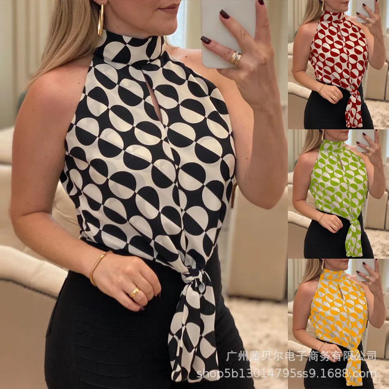 

Wepbel Women Vest Temperament Commute Contrast Color Polka Dot Sleeveless Turtleneck Slim Halter Cut-out Bandage Shirt Vest